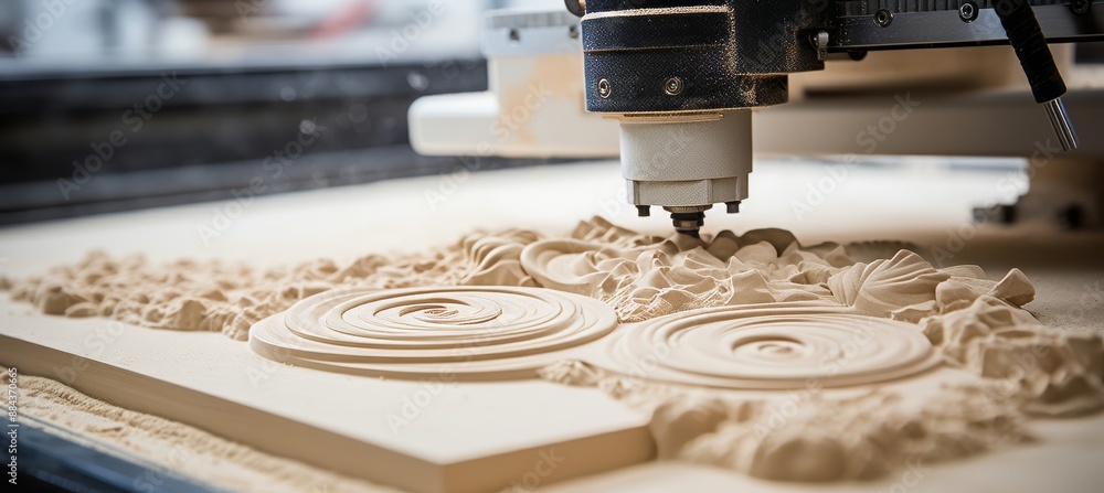 Poster precision cnc router carving detailed design in wood with intricate lines and textures