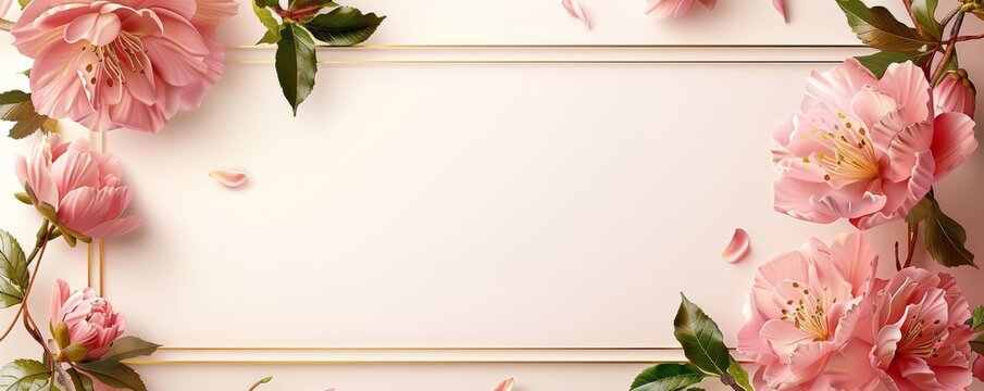 Elegant pink floral card with golden frame and white background for invitations or greetings