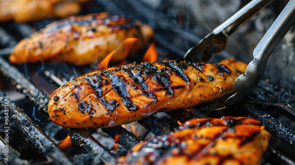 Wall mural a grill with chicken on it and a person holding tongs