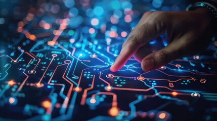 A hand is pointing at a circuit board with a blue background