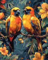 Fototapeta premium Lush Tropical Rainforest Scene with Exotic Birds Perched on Colorful Branches - Nature Background with Copy Space for Text