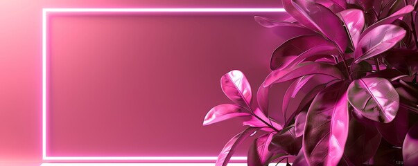 Obraz premium Pink frame with tropical leaves on glowing pink background, modern design