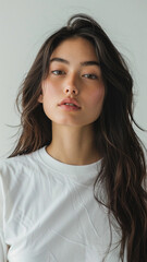 Fototapeta premium A striking portrait of a young Asian woman wearing an white t-shirt, exuding natural beauty and contemporary style.