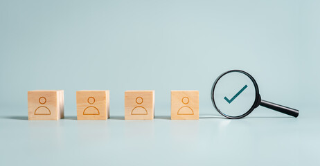 recruitment, strategy, talent, choice, assessment, crowd, employment, group, hiring, human. A wooden block with a person on it is next to a magnifying glass.