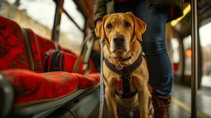 The interior of a public transport vehicle, possibly a train or bus. A golden-colored Labrador dog sits attentively on the floor, wearing a black harness