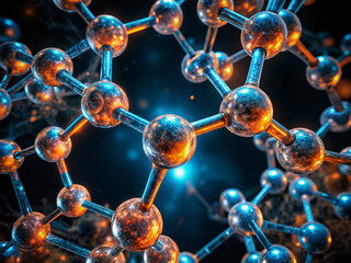 Vibrant 3D rendered illustration of a molecule with intricately detailed atomic bonds and spherical structures in shades of blue and orange against a black background.