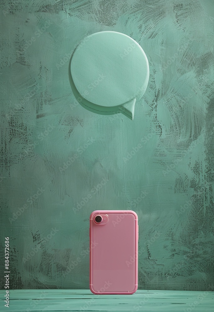 Aufkleber pink phone with empty speech bubble on green background suggesting communication and conversation