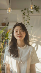 A striking portrait of a young Asian woman wearing an white t-shirt, exuding natural beauty and contemporary style.