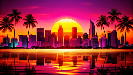 Obraz premium synth wave retro miami city landscape background at sunset digital illustration