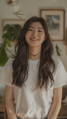 A striking portrait of a young Asian woman wearing an white t-shirt, exuding natural beauty and contemporary style.