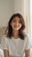 A striking portrait of a young Asian woman wearing an white t-shirt, exuding natural beauty and contemporary style.