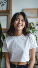 A striking portrait of a young Asian woman wearing an white t-shirt, exuding natural beauty and contemporary style.