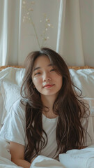 A striking portrait of a young Asian woman wearing an white t-shirt, exuding natural beauty and contemporary style.