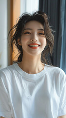 A striking portrait of a young Asian woman wearing an white t-shirt, exuding natural beauty and contemporary style.