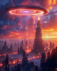 Fototapeta premium Vibrant Futuristic Cityscape with Floating Holograms and Neon Lights | Abstract Urban Night Scene for Text Overlay