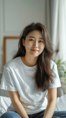 A striking portrait of a young Asian woman wearing an white t-shirt, exuding natural beauty and contemporary style.