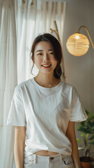 A striking portrait of a young Asian woman wearing an white t-shirt, exuding natural beauty and contemporary style.