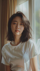 A striking portrait of a young Asian woman wearing an white t-shirt, exuding natural beauty and contemporary style.