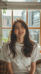 A striking portrait of a young Asian woman wearing an white t-shirt, exuding natural beauty and contemporary style.