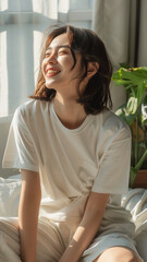 A striking portrait of a young Asian woman wearing an white t-shirt, exuding natural beauty and contemporary style.