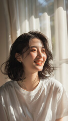 A striking portrait of a young Asian woman wearing an white t-shirt, exuding natural beauty and contemporary style.