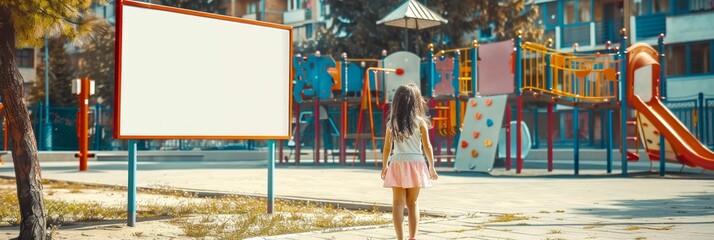 Little girl playing outdoor playground, empty signboard for mockup