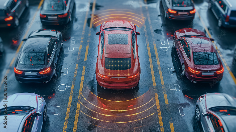 Aufkleber smart parking system in a bustling urban area, using iot sensors to find available spots and directi