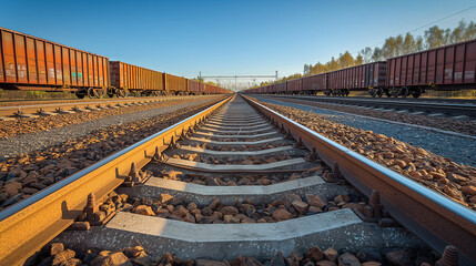 A railway track with multiple freight cars lined up on either side. The tracks are surrounded by gravel and rocks, and the perspective is taken from a low angle, emphasizing the depth of the tracks