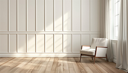 A sweet room in white tones with a window and a delicate curtain, with a modern armchair and with a wooden floor.