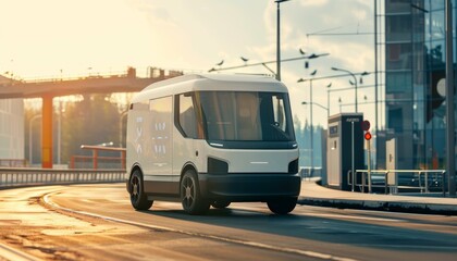 Wide banner showcasing modern electric delivery minivan truck autonomously driving city highway