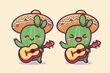 Fototapeta premium A cute cartoon cactus wearing a sombrero and playing a guitar, created in a simple flat style. Perfect for music and desert-themed designs.