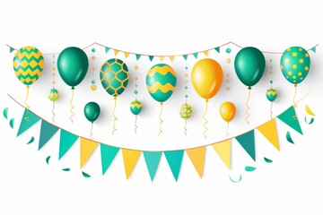 Colorful decorations and balloons adorn the festive scene, with a stylish banner proudly displaying 'Freedom Day'. The bright yellow, green, and blue motifs evoke a sense of joy and liberation.