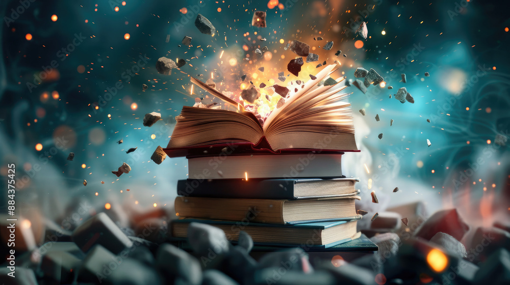 Poster poster for school library emphasizing abundant book information, copy space, covers all objects, dee