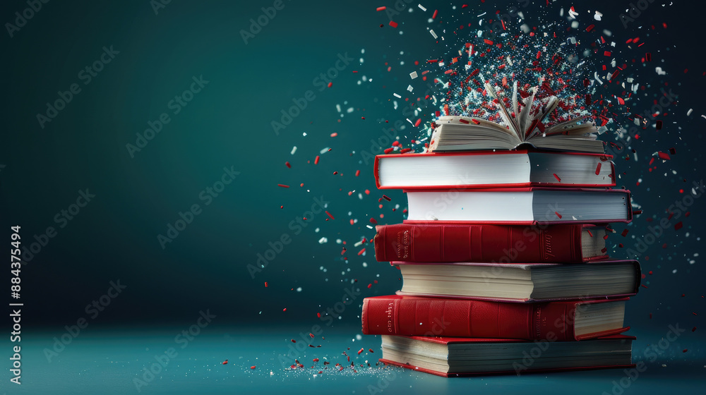 Poster poster for school library promoting explosion of information in books with copy space, covering all 