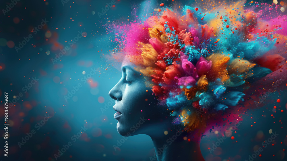 Poster vibrant painting depicting the power of the mind with copy space, full object coverage, and deep dep