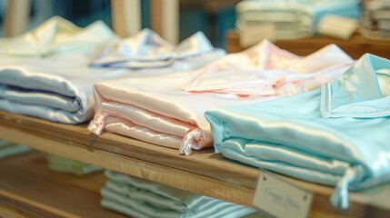 A display of luxurious silk pajamas in soft pastel colors, neatly folded on a wooden table.
