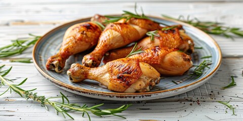 A plate of cooked chicken served with fresh rosemary sprigs