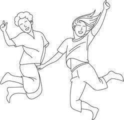 Fototapeta premium Happy Kids jump with friend, hand drawn in thin line style