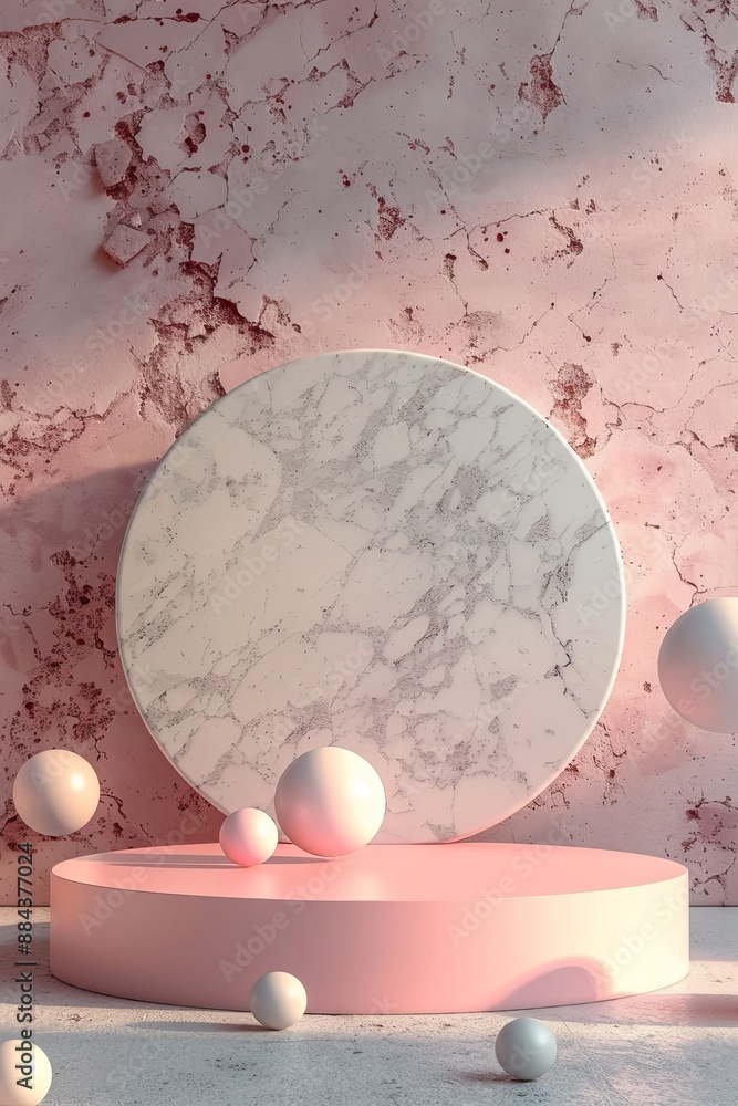 Poster modern pink podium with marble texture in abstract background with floating spheres