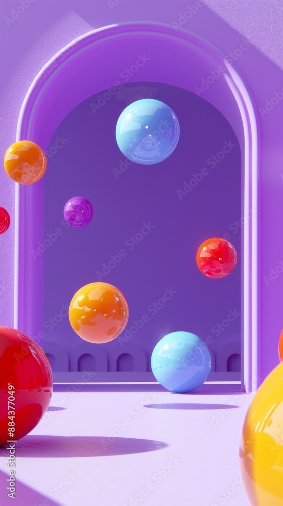 Poster A digital rendering of a purple room with an arched doorway. Multiple colorful spheres float within the room, casting shadows on the purple floor. 