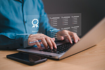 Certificate online training concept. Businessman use computer, smartphone take assessment for business certificate. Standard questionnaire, evaluation test, online survey exam. Digital audit marketing