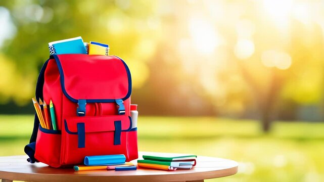 Red backpack filled with school supplies, including notebooks, pencils, and pens on a wooden table outdoors. Back to school concept. Copy space template background