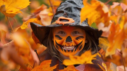 Naklejka premium Child in witch costume with autumn leaves