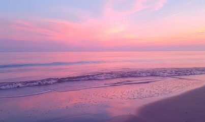 serene sunset over the ocean, with the sky painted in soft pink and purple hues and the calm water reflecting the colors