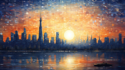 Fototapeta premium City Skyline - Painting, Background, Wallpaper, Dot Art, Abstract, Impressionism, Colorful