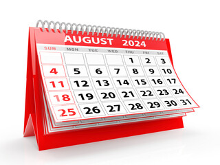 2024 Year August Calendar on a white background. August 2024 Spiral Calendar can be used for Stationary, flyer, banner background. 3d render