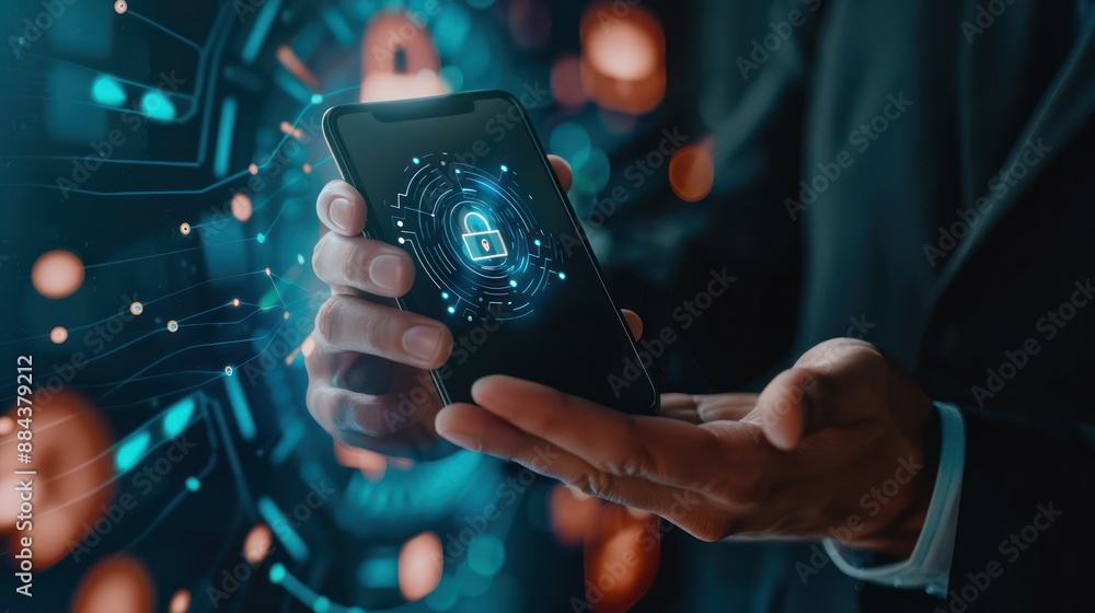 Poster access control concept. businessman using mobile smartphone with virtual access control icon for acc