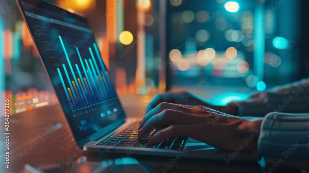 Poster a digital bar graph on a laptop screen with a hand typing financial analysis notes.