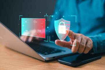 Cyber security concept, information privacy secure technology system. Lock icon, internet network security tech protect info data from hacker. Man use computer network confidential on cloud digital