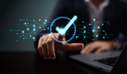 Approve guarantee concept, Quality assurance service icon. Man show professional quality assured mark, good service certificate, premium process, five stars, and business excellence check technolog